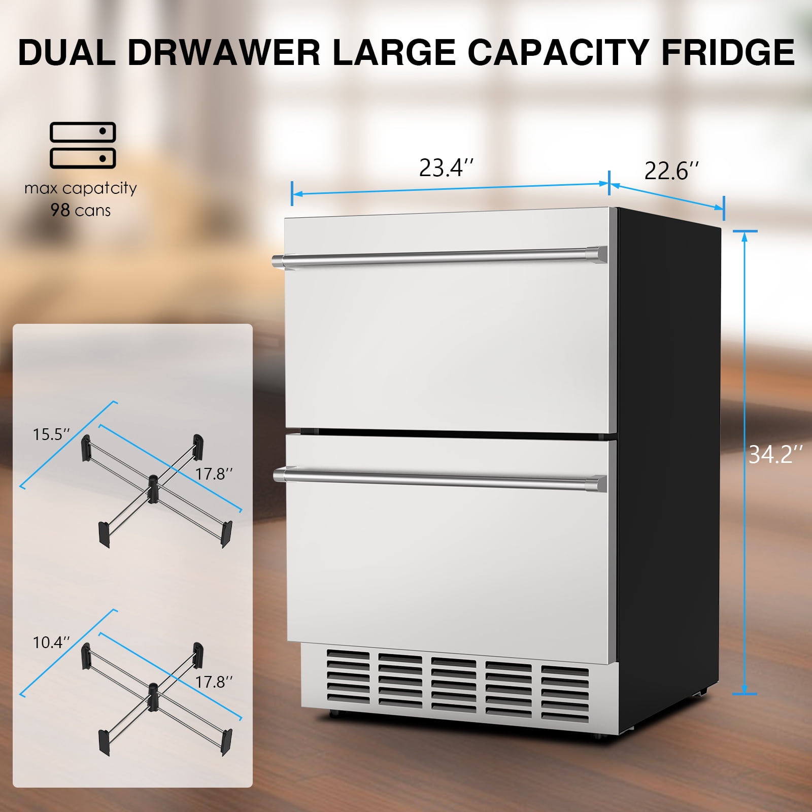 24 Inch Under Counter Double Drawer Fridge, Weather Proof Stainless Steel Under Counter Beverage and Wine Fridge with Digital Display