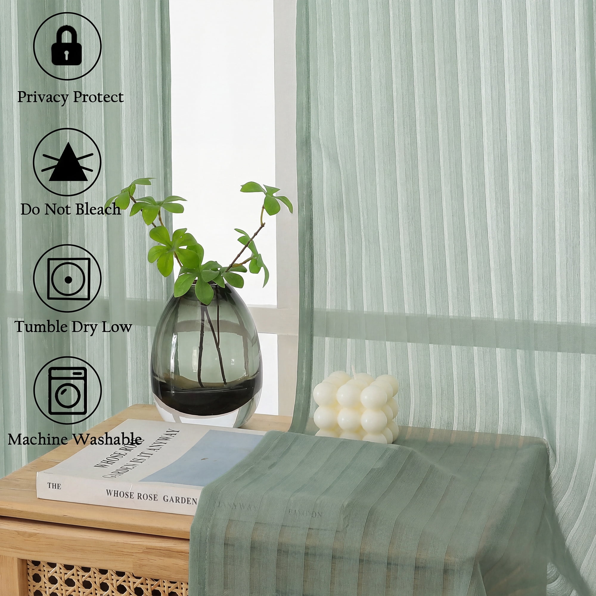 OVZME Luna 108" Sage Green Striped Sheer Curtains 2 Panels - Extra Long Floor Length Drapes for High Ceilings Living Room Patio Doors, Light Filtering Modern Textured, 52"W x 108"L Each