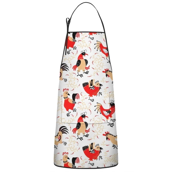 White Chicken Folk Pattern Apron-Garden Aprons for Women with Pockets-Cotton Linen Waterproof Kitchen Cooking Gardening Aprons Adjustable for Kitchen,Cooking,BBQ and Salon 33x27 Inch