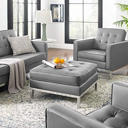 Modway Pouf Carré Capitonné à Boutons en Similicuir pour Loft, Gris Argenté