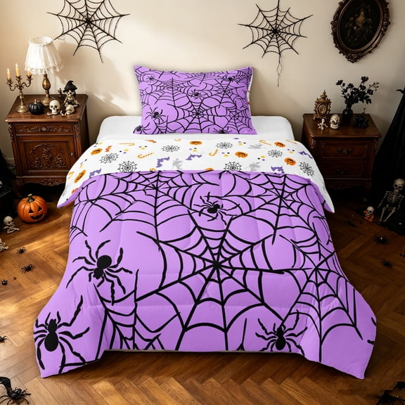 Feelyou Happy Halloween Spider Web Twin Comforter Sets, Spooky Animal Bedding Set, Purple Black, Halloween Reversible, 2-Piece, 1 Comforter and 2 Pillowcases