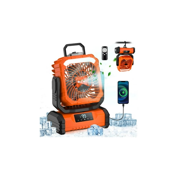Spopal Ventilador Portátil Recargable con Spray, 20000mAh, 5 Velocidades y Gancho 360°, Luz LED Multifunción, Temporizador, Control Remoto, Modo Silencioso, para Camping, Playa, Hogar (Naranja)