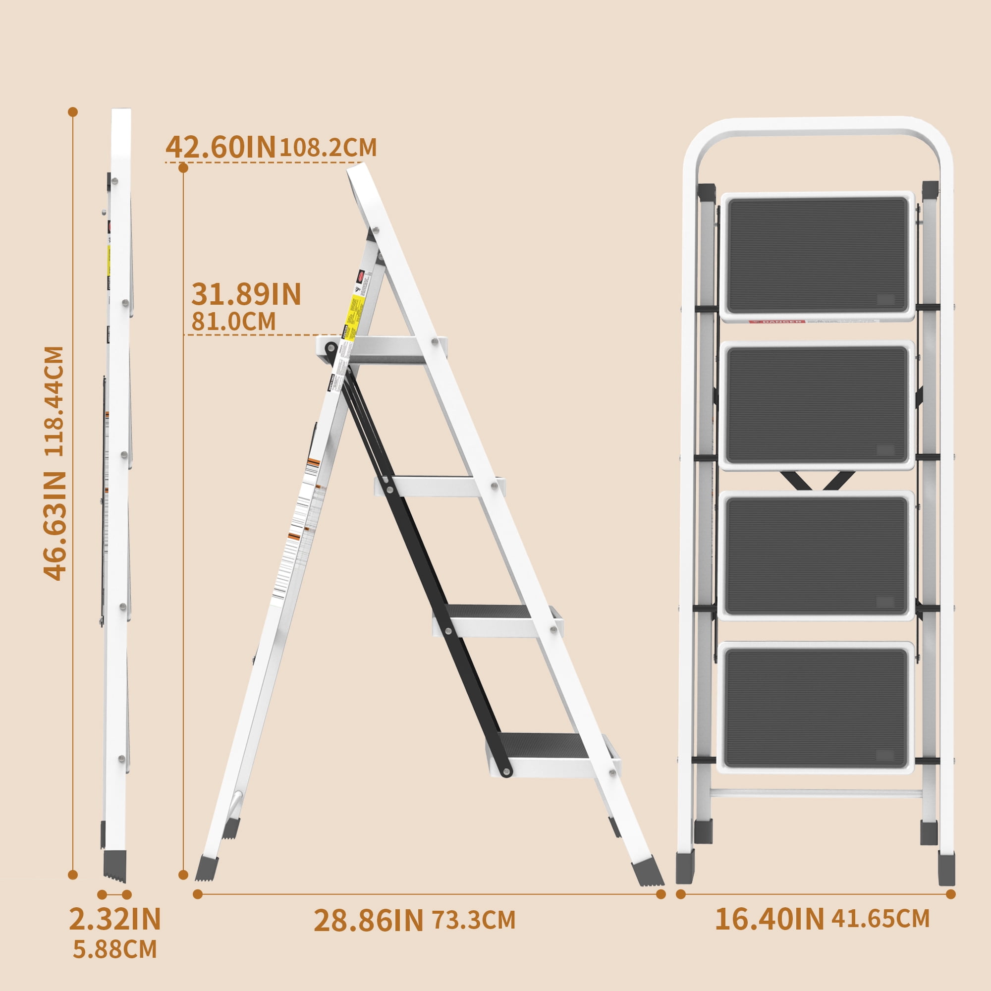 LevLad 4 Step Ladder with Safety Lock, Non-Skid Wide Steps,Household Folding Ladder for Home, Garden, Painting, Outdoor, Garage, White