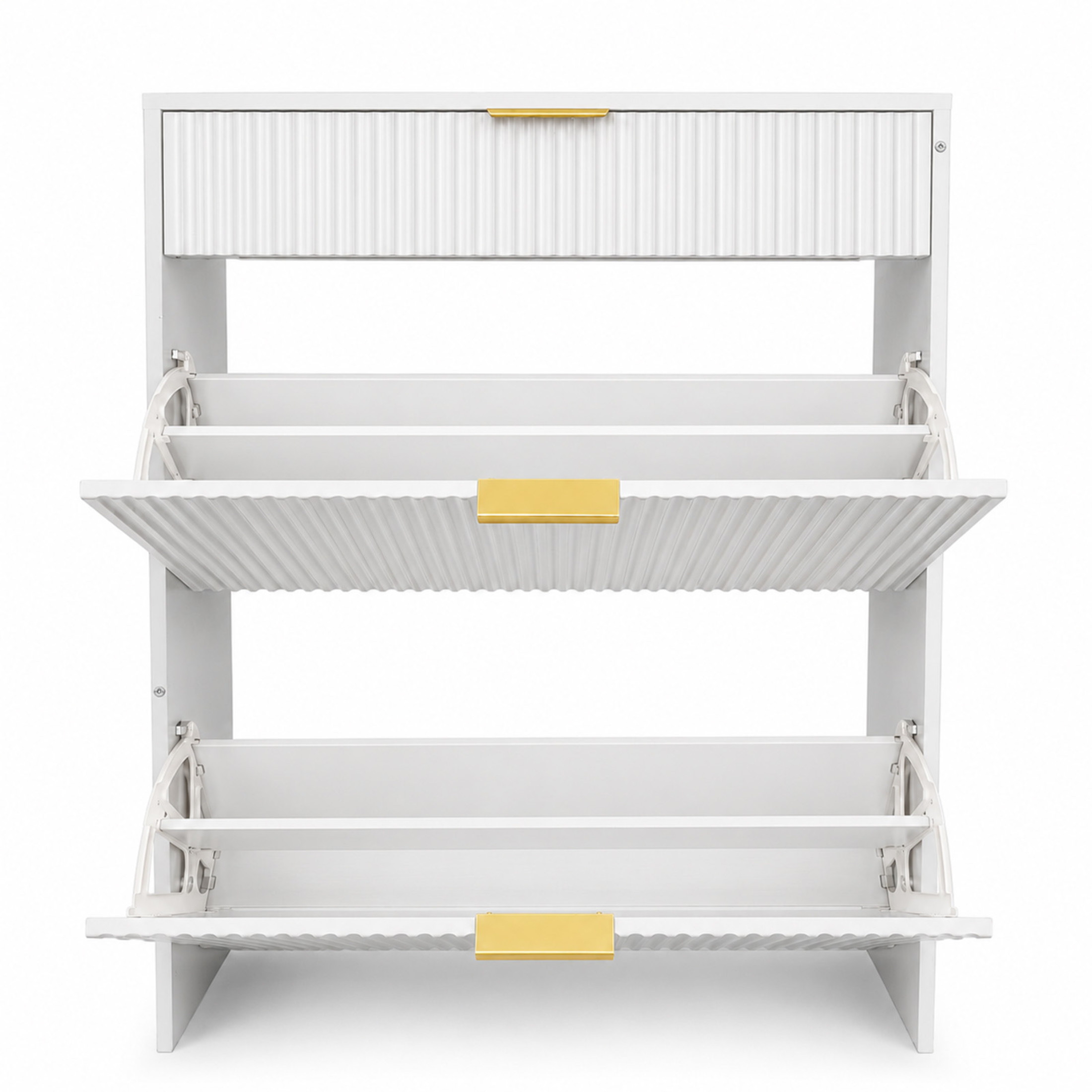 GDF Studio Solus Narrow Fluted Shoe Storage Cabinet with Gold Pull Handles, Modern Slim Hallway Organizer, White