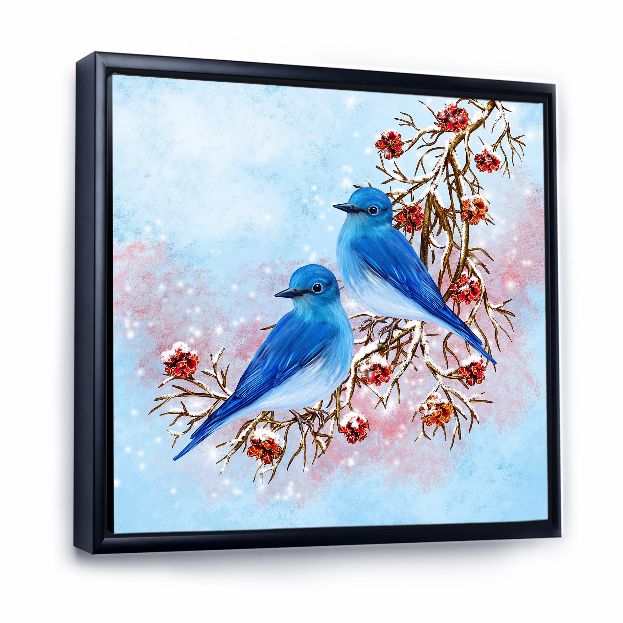 Designart 'Two Blue Birds Sitting On A Branch With Berries In Winter' Traditional Framed Canvas Wall Art Print