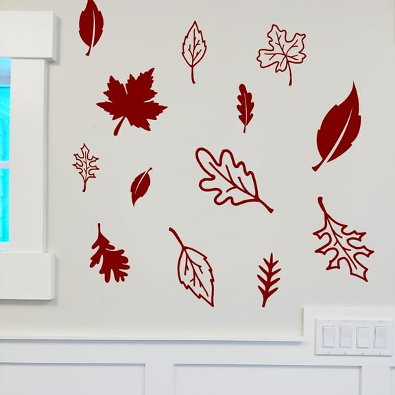 Fall Leaves Autumn Decals and Decor Vinyl Lettering Decal Stickers Self Adhesive - Medium Set of 36 - Sizes Range from 3"-9" - Color: Burgundy