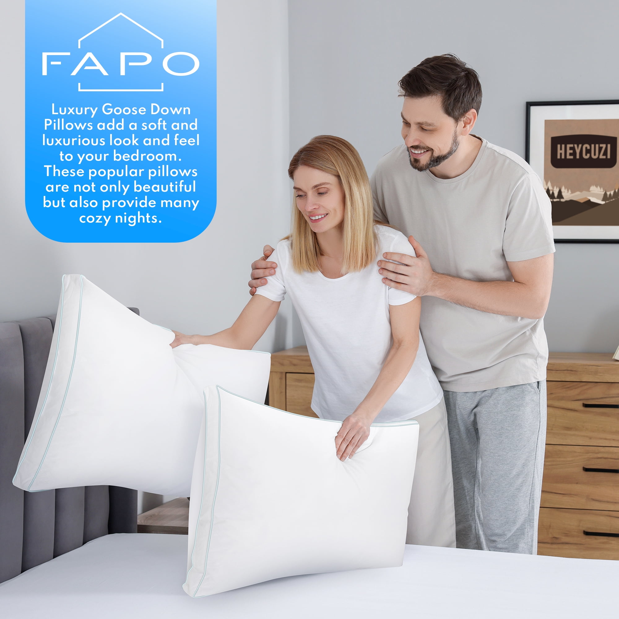 FAPO Goose Feather Down Pillows, Gusseted Bed Pillows King Size Set of 2 with Cotton Cover