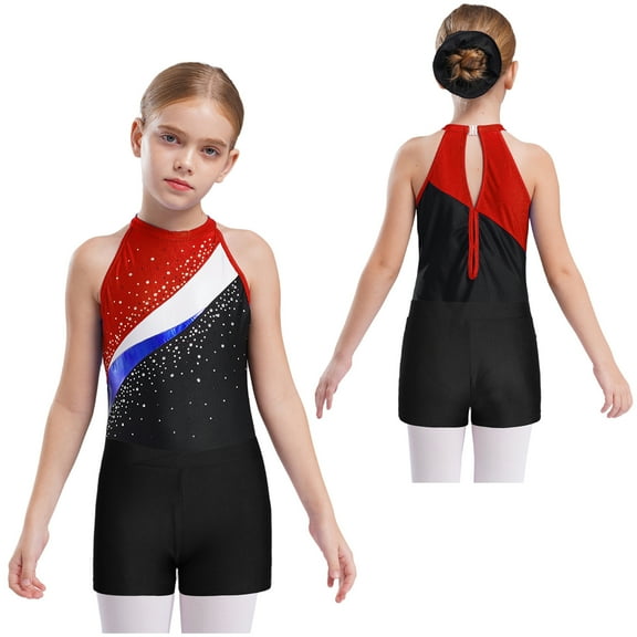 iiniim Girls Ballet Dance Outfits 3PCS Shiny Rhinestone Halter Neck Gymnastics Leotard with Athletic Shorts Set 6-14 Black&Red 12