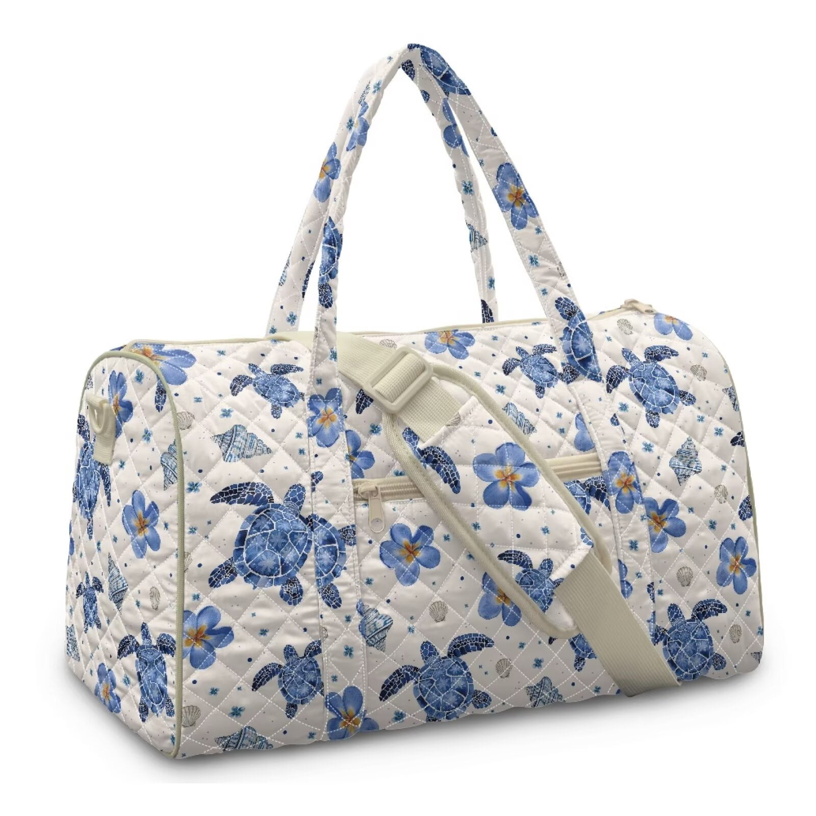 Garronmavis Large Quilted Duffle Bag for Women, Sea Turtle Floral Weekender Bag Travel Overnight Bag, Carry On Gym Dance Tote with Luggage Sleeve