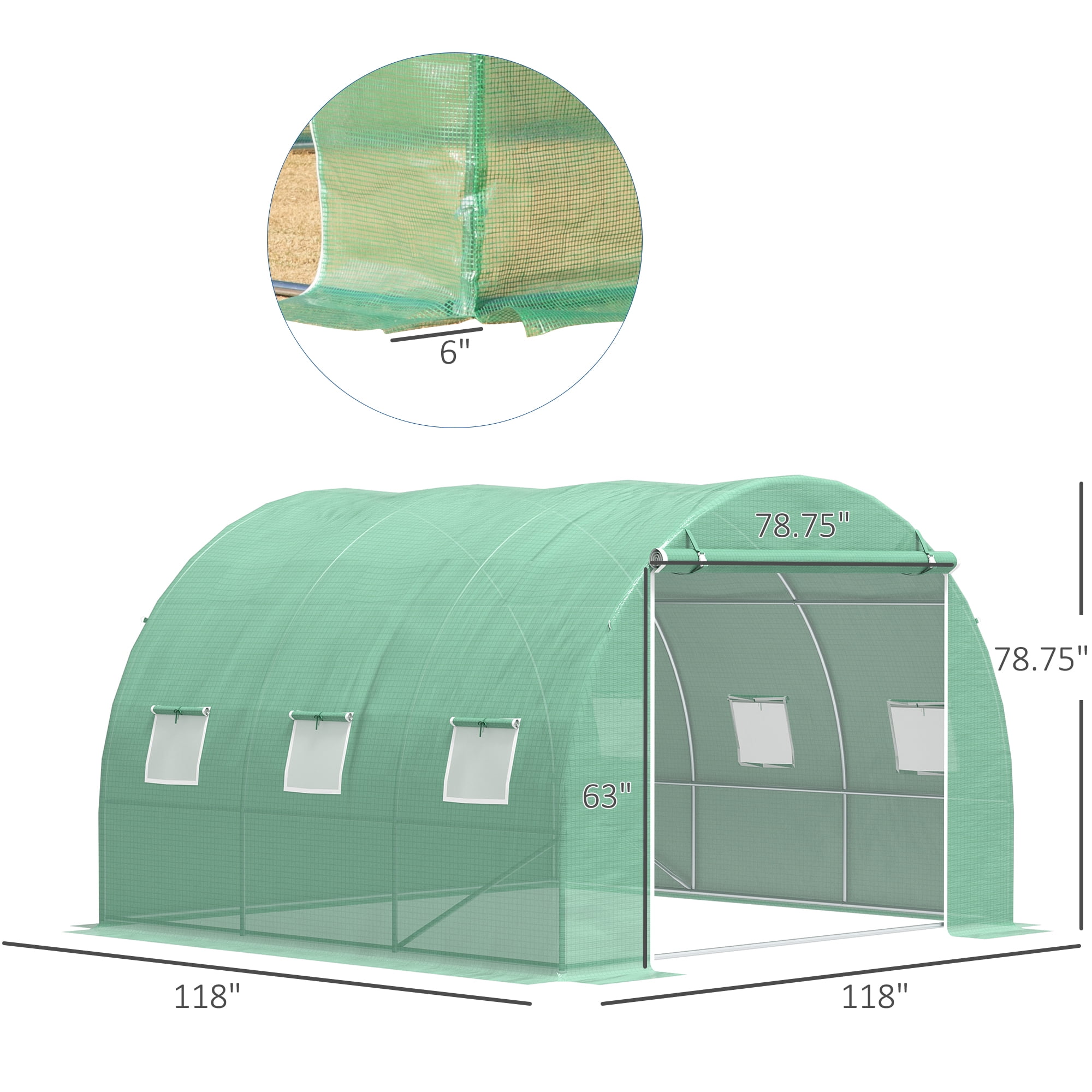 Outsunny 10' x 10' x 6.5' Walk-in Tunnel Hoop Greenhouse, Polyethylene PE Cover, Steel Frame, Roll-Up Zipper Door & Windows for Flowers, Vegetables, Tropical Plants, Green