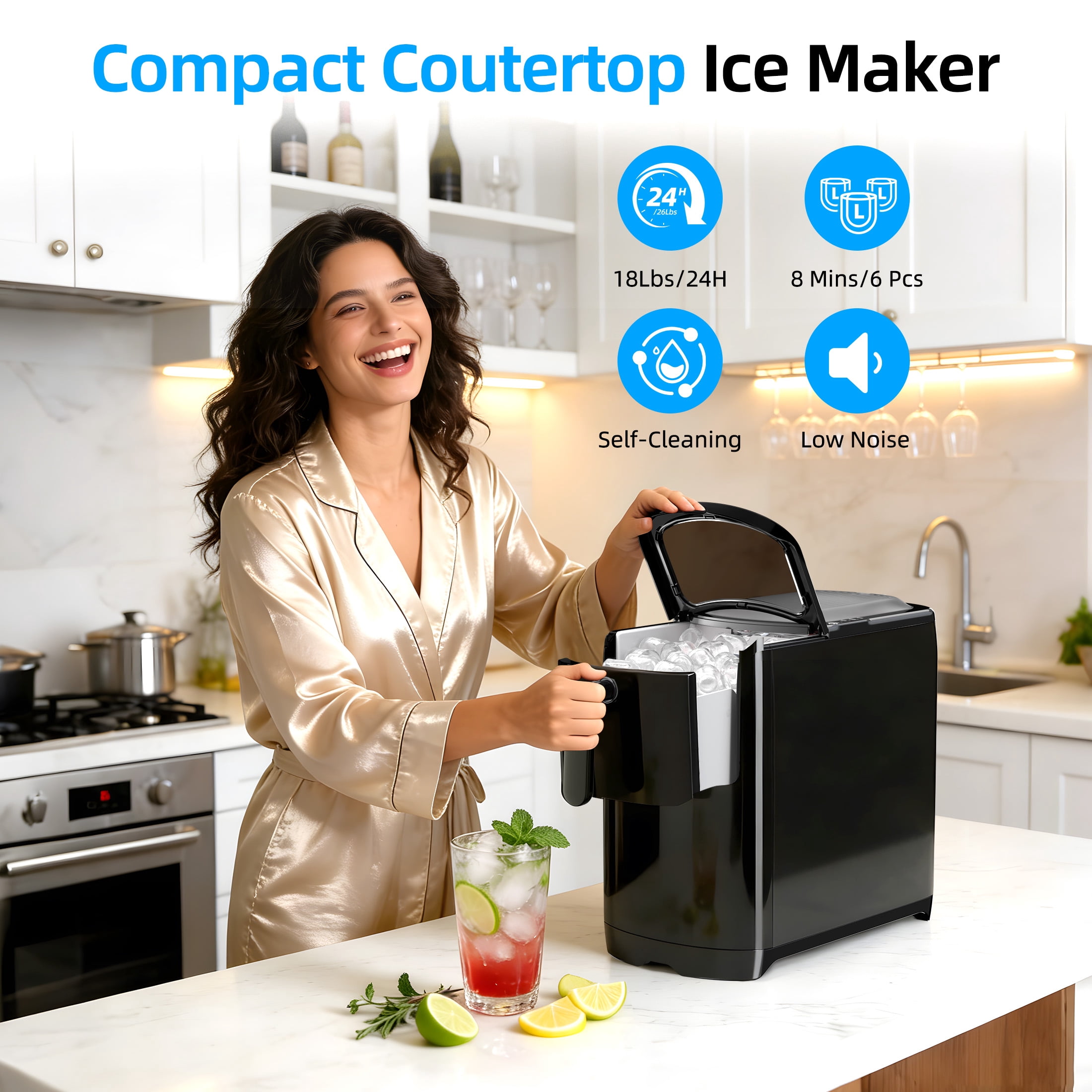 Auseo 18 lbs/24H Countertop Ice Maker Machine,  6 Bullet-Shaped Ice in 6 Min, Auto-Cleaning, Black