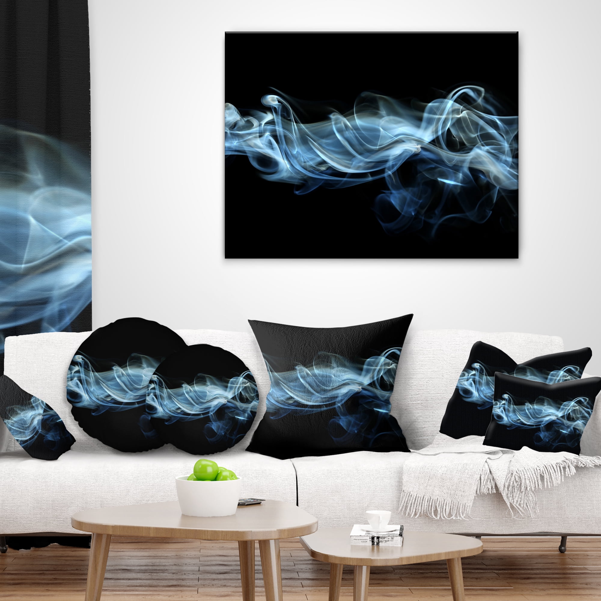 Designart Blue Smoke in Black - Abstract Throw Pillow - 16x16