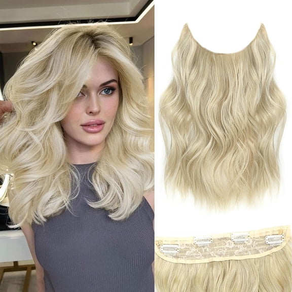 Halo Hair Extensions 12 Inch Invisible Wire Hair Extensions Adjustable Long Wavy Hairpiece Synthetic Upgrade 4 Secure Clips in Hairpieces 12 Inch,Blonde Blend Platinum Blonde