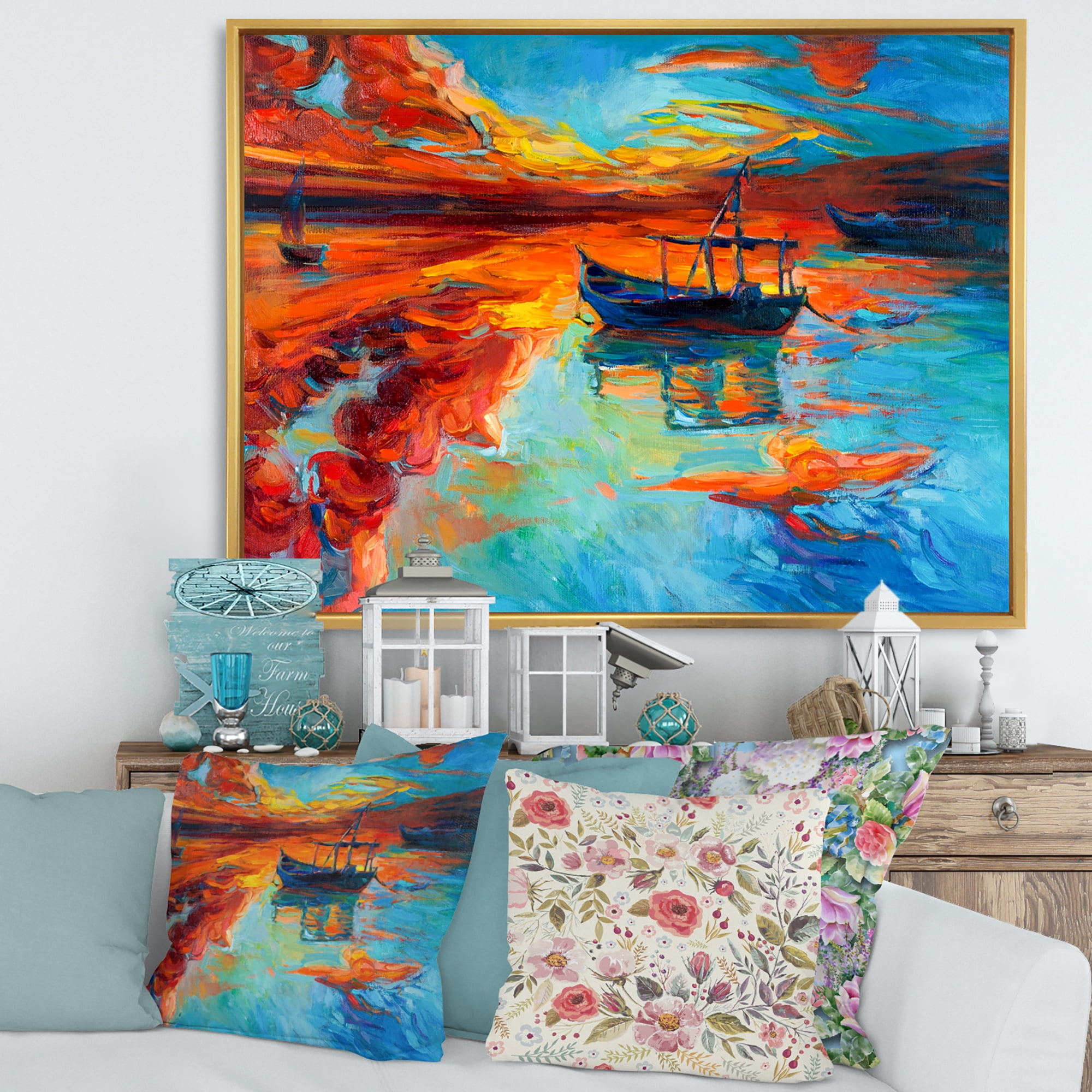 Designart 'Boat At The Lake During Evening Glow IV' Nautical & Coastal Framed Canvas Wall Art Print