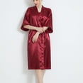 thumbnail image 4 of Defitshape Women's Satin Robe Short Sleeve Bathrobe Knee Length Lightweight Wedding Soft V Neck Bride Silky Sleepwear Burgundy Small, 4 of 4