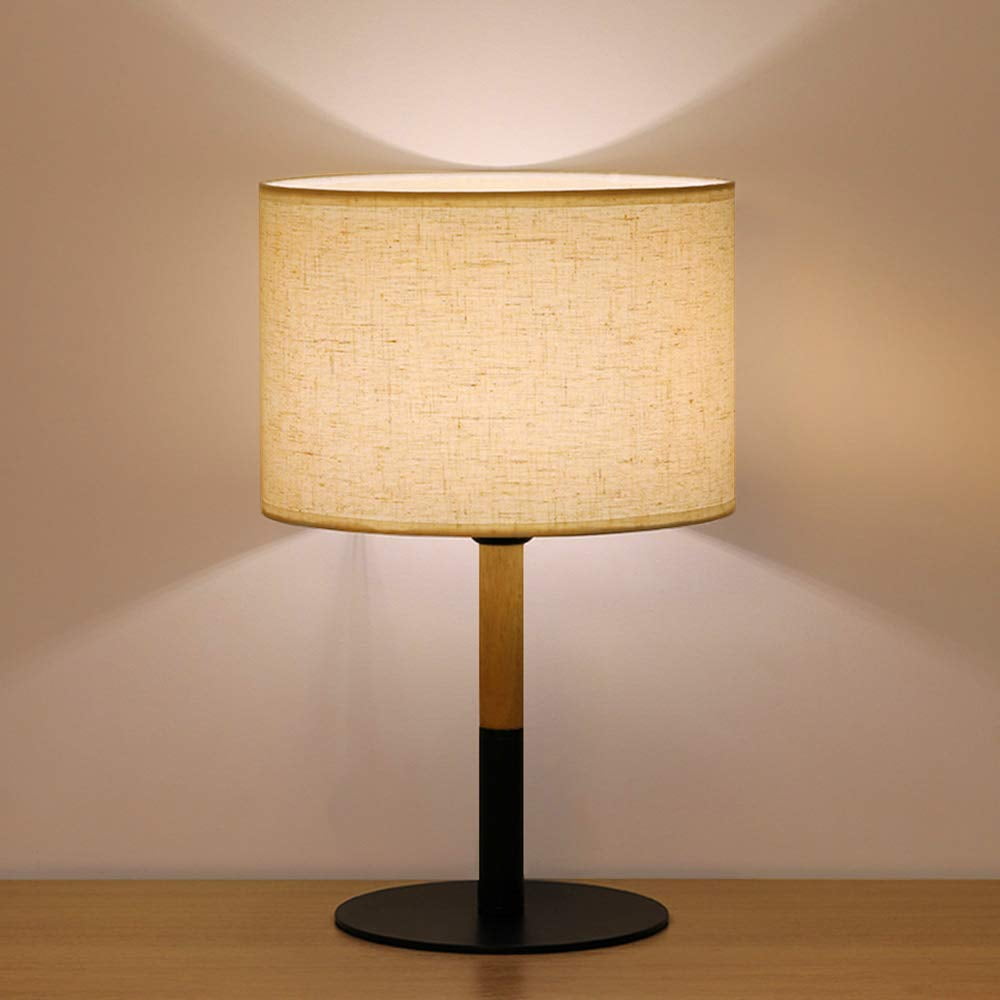 Bedside Table Lamp Nightstand Lamp with Metal Base, Wooden Frame and