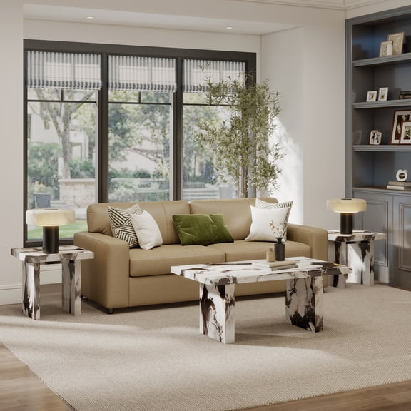 Roundhill Furniture Cavira 3-Piece Faux Marble Coffee Table Set, Coffee Table and Two End Tables, Off-white