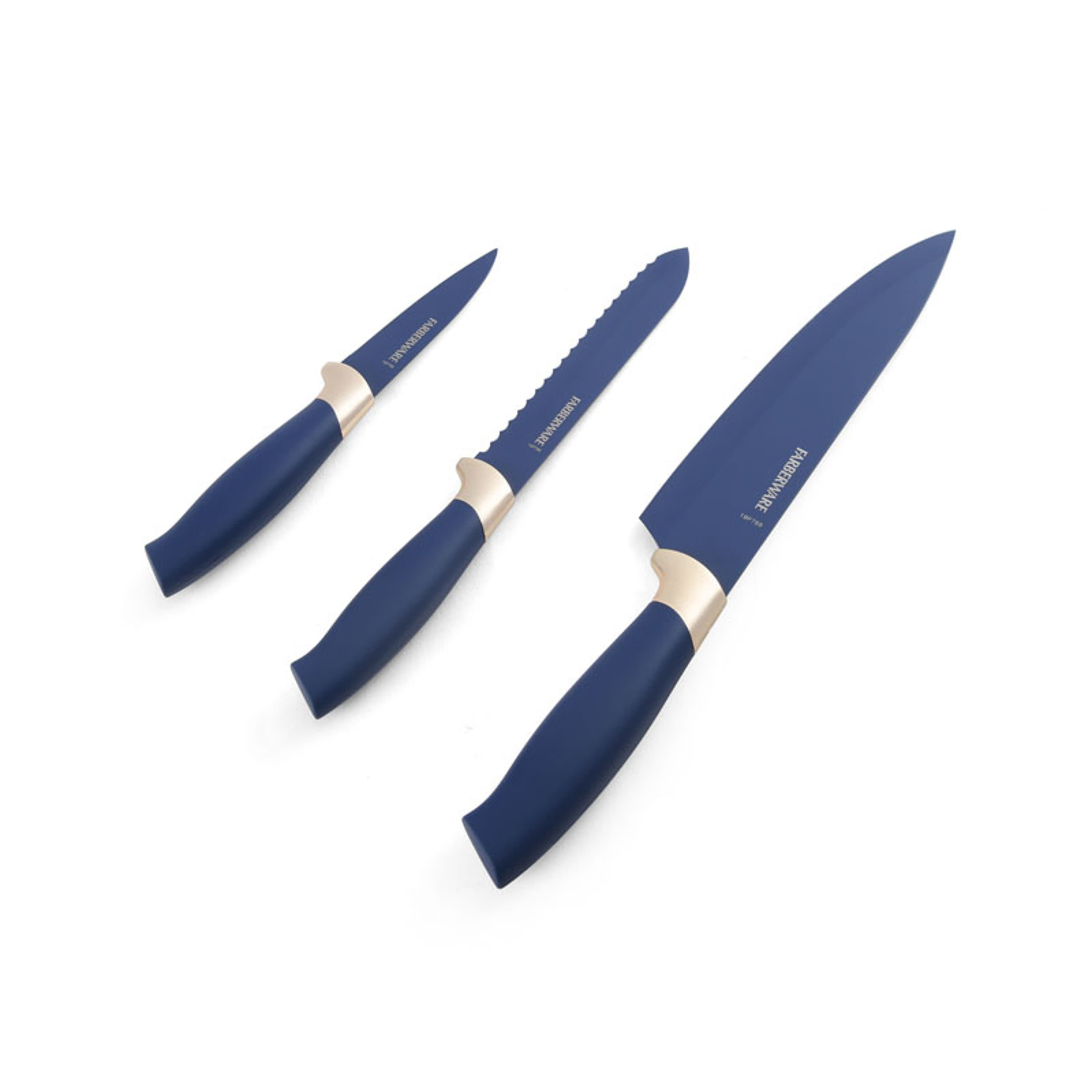 Farberware 3-piece Chef Knife Set, Navy and Gold Soft Grip Handle 