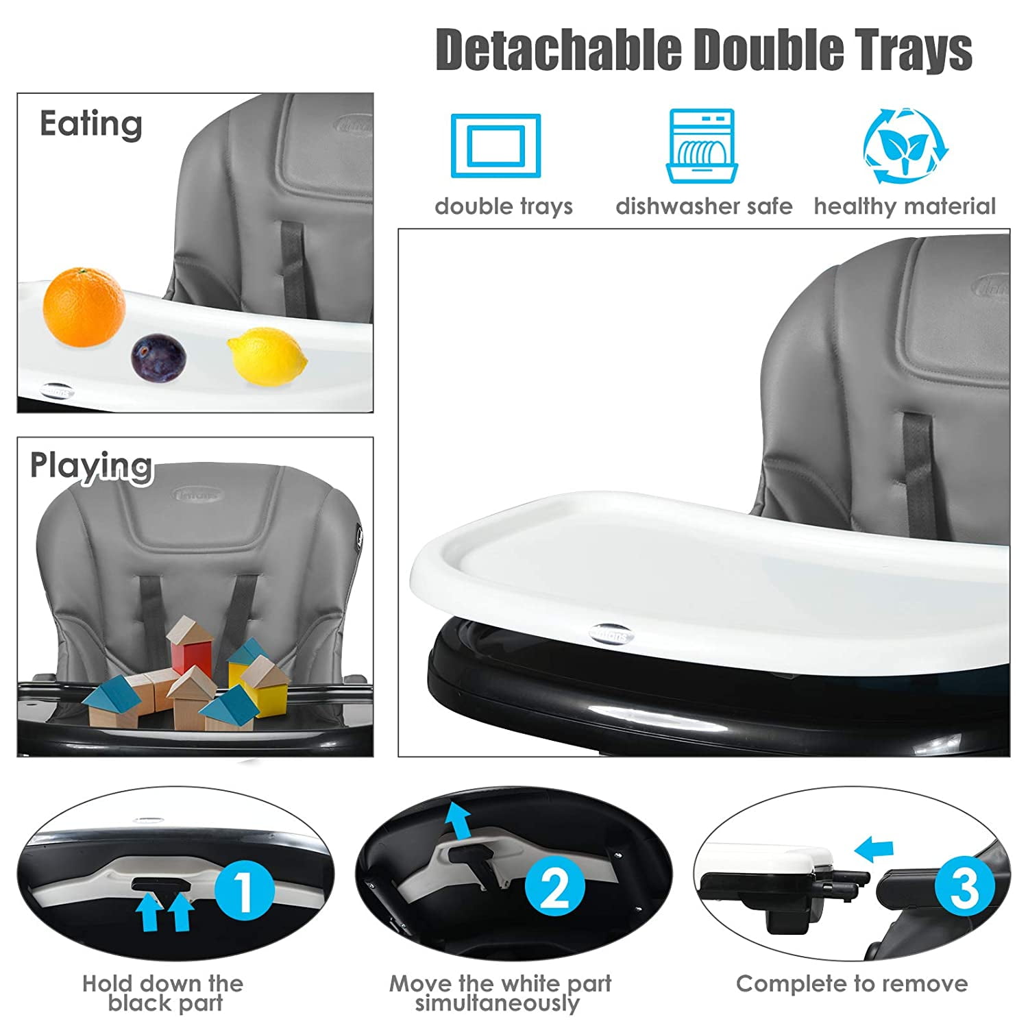 INFANS 4 in 1 High Chair–Booster Seat, Convertible Highchair w/Adjustable Height, Removable Tray, Detachable Cushion, Installation-Free, Simple Fold for Baby, Infant & Toddler, Gray
