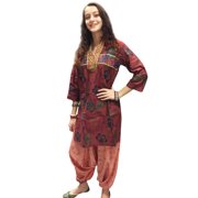Mogul Indian Ethnic Cotton Tunic Dress Maroon Floral Print Bohemian Style Fashion Kurti