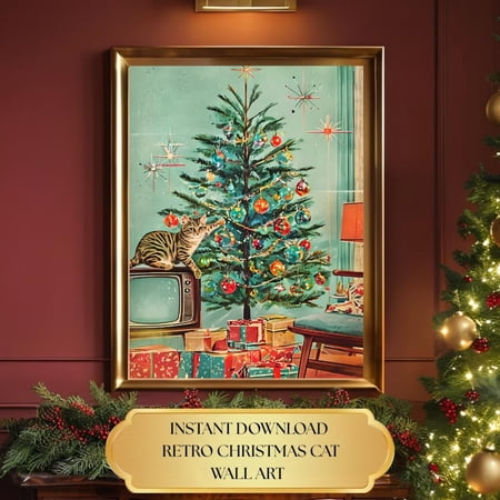 Retro Cat Wall Art Mid Centurydecor Vintage Tree Scene Playful Tabby Cat Unframed Paper Print