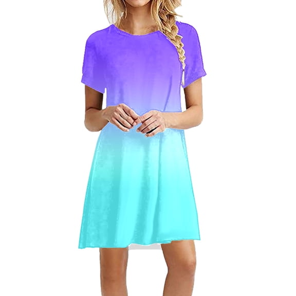 XIAONU Gradient Color Mini Dress For Women Short Sleeve Loose Fit Daily Casual Tunic Dress