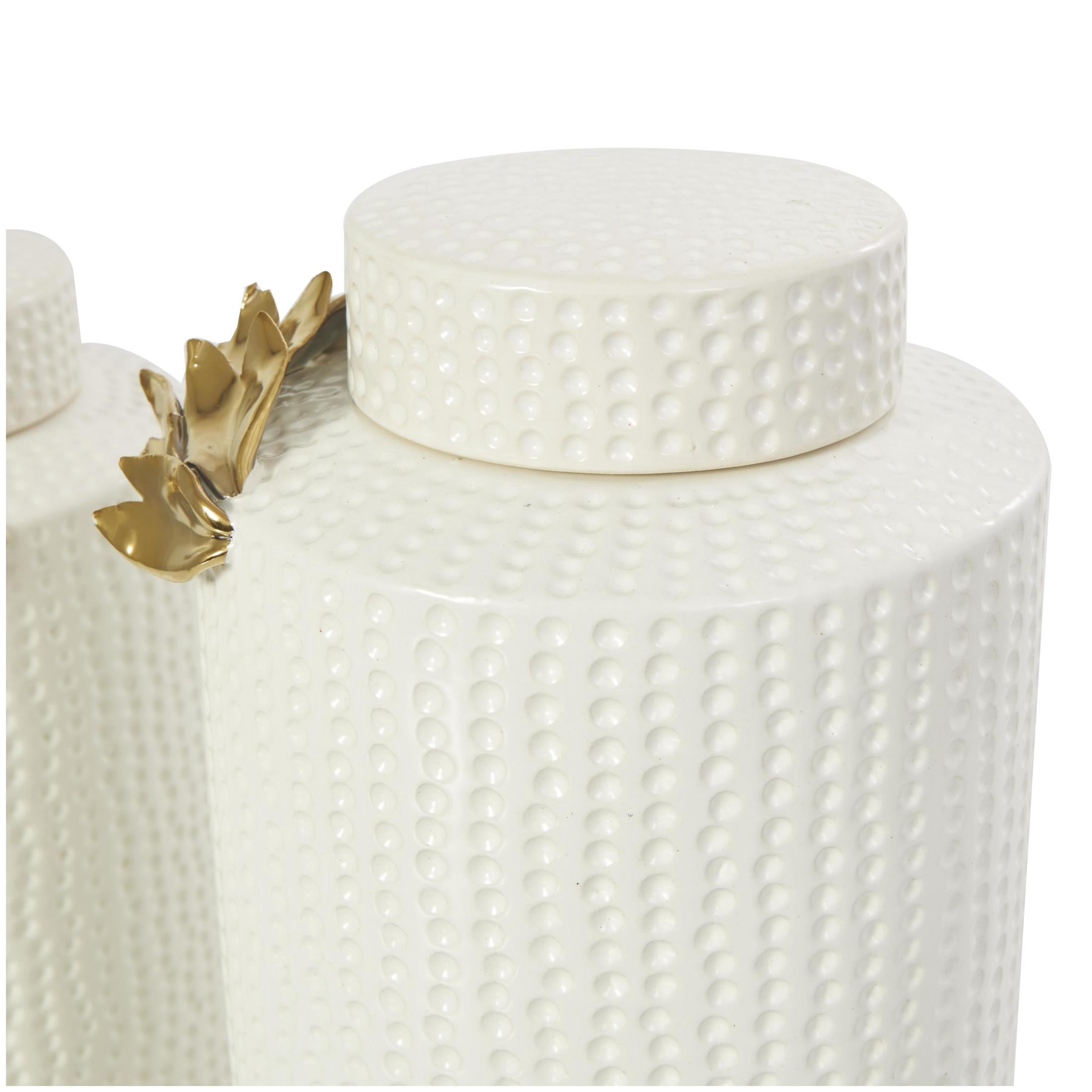 DecMode 11", 9"H White Ceramic Leaf Decorative Jars with Abstract Spotted Pattern and Gold Accents, 2-Pieces