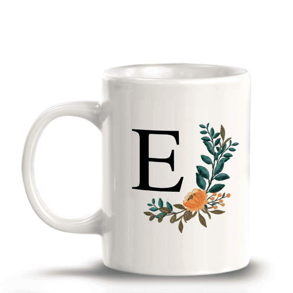 E Floral Pattern 11oz Ceramic Coffee Mug | Initial Personalized Gift