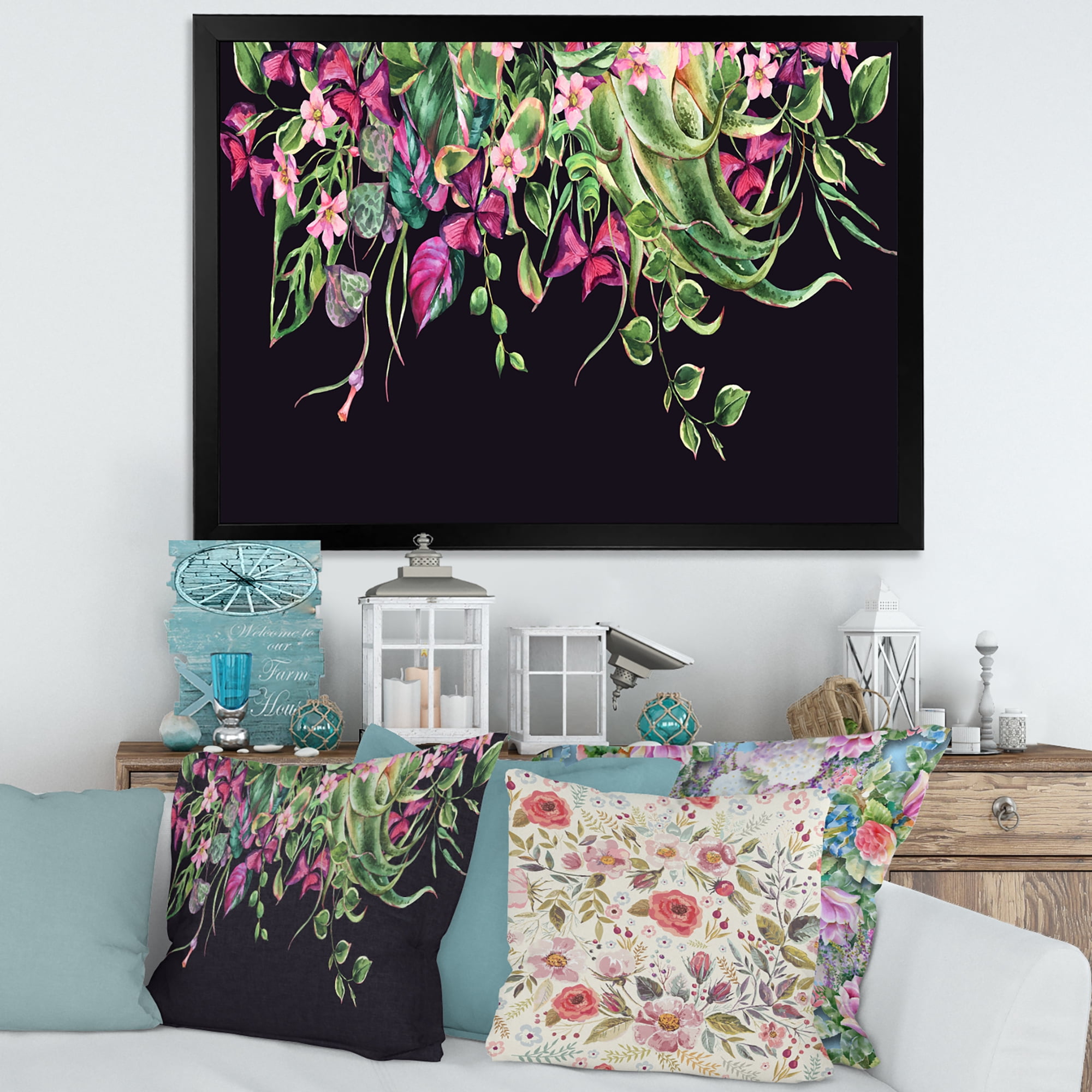 Designart 'Floral Tropical Leaves On Black Background' Farmhouse Framed Art Print