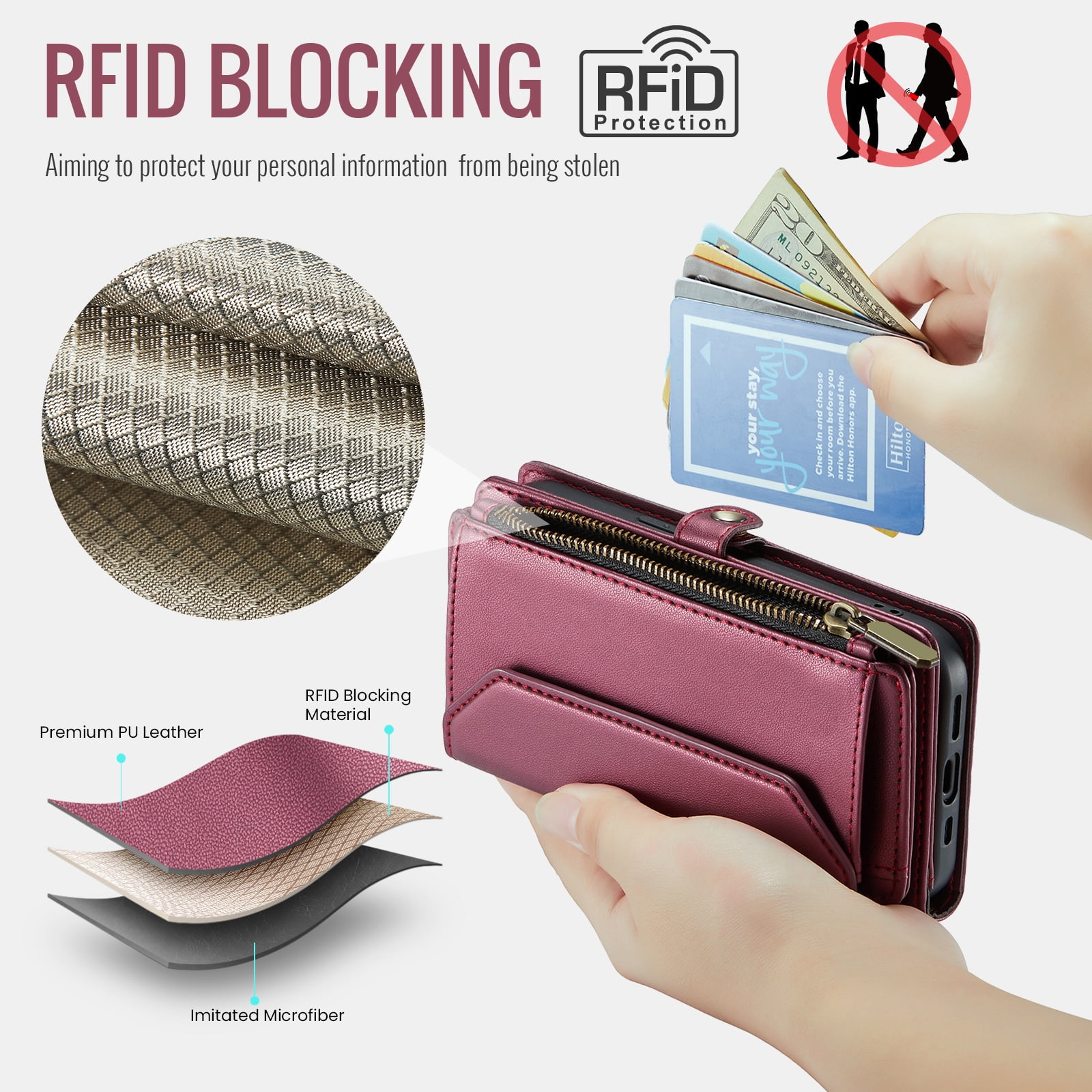 Compatible with iPhone 15 Pro Max 6.7 inch Zipper Wallet Phone Case Tempered Glass Screen Protector Crossbody Lanyard Strap Flip Card Holder Slot Cell Cover for i P15 15Pro i15 ProMax Women Wine Red