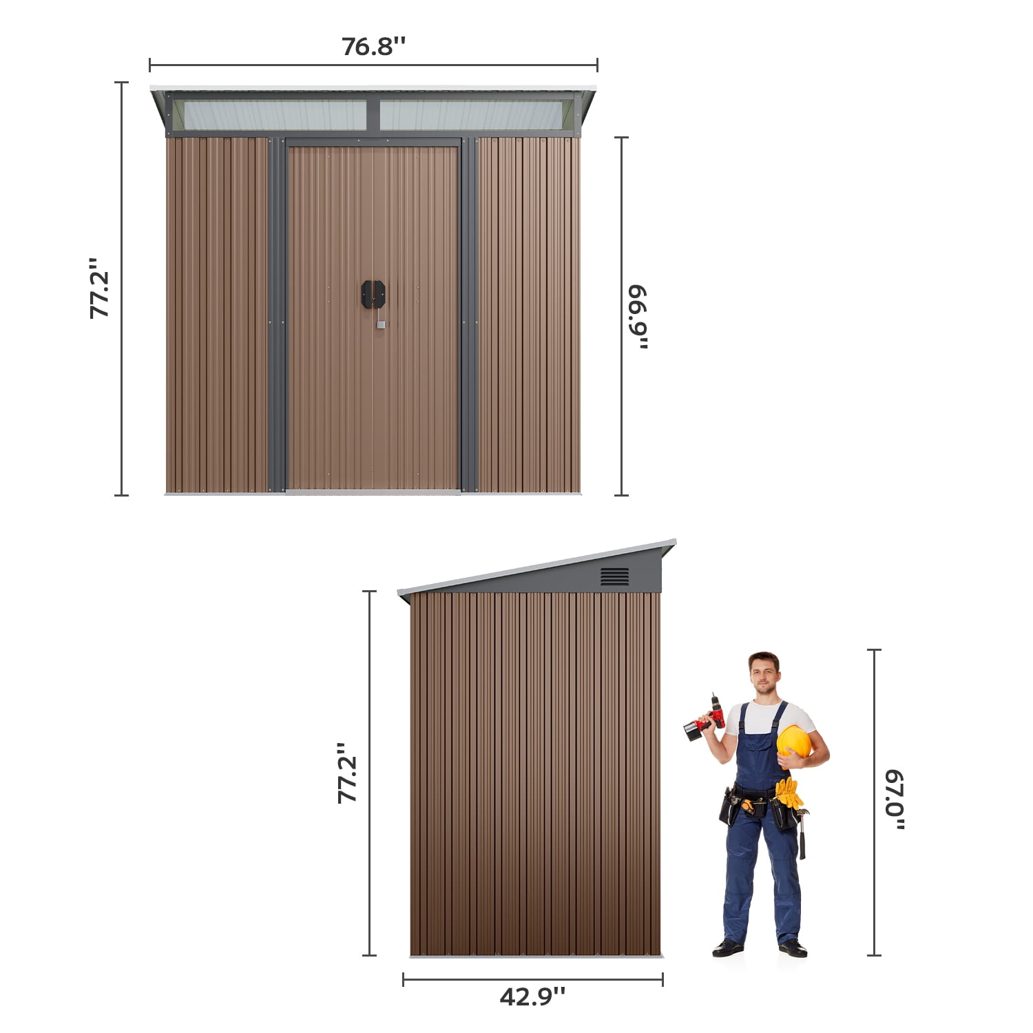 Lockable Double Door Metal Tool Shed, Asofer Brown Outdoor Storage Cabinet with Transparent Light Window for Patio Lawn