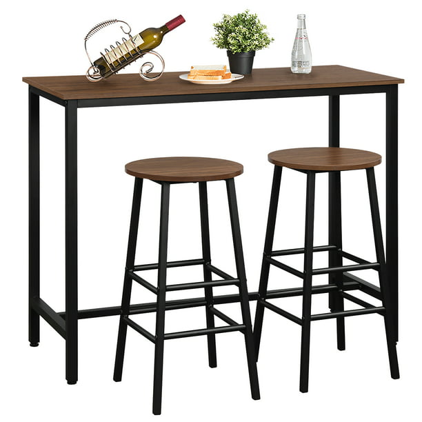 Costway 3 Piece Bar Table Set Pub Table And 2 Stools Counter Kitchen Dining Set Brown Walmart