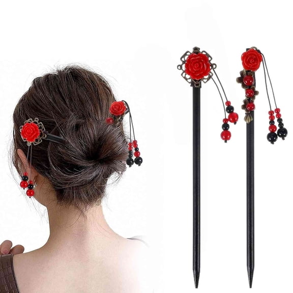 2Pcs Chinese Hair Sticks, Retro Wooden Chinese Hairpins Handmade Flower Hair Chopsticks for Women Long Hair(Black Red)
