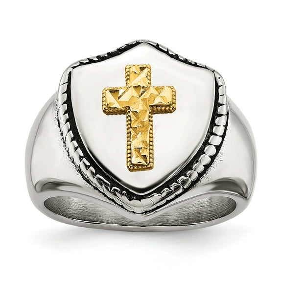 14K Gold Diamond Cut Cross Accent on Stainless Steel Antique Style Shield Signet Ring Size 8, Religious Men's Ring Jewelry