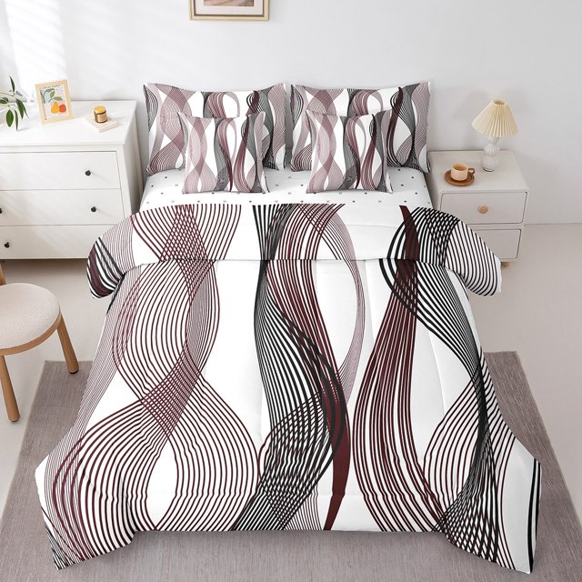 Erosebridal Chic Geometric Bed in a Bag King size, Maroon Stripes Bed Set, Abstract Decor, Reversible 7pcs