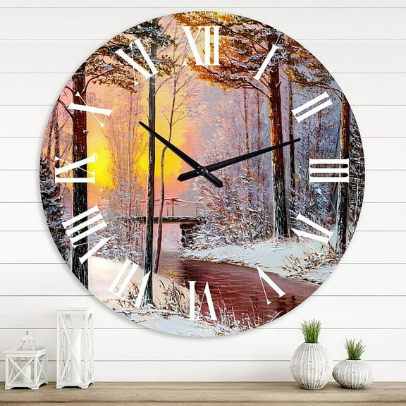 Designart 'Christmas Forest With River And Trees Iv' Traditional Wall Clock