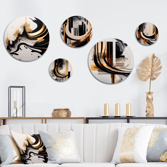 DESIGN ART Designart "Black And Gold Wave " Modern Geometric Metal Wall Art Decor Set Of 5