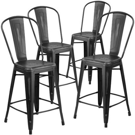Metal Black Counter Stools - Flash Furniture 4pk 24'' High Distressed Metal Indoor Counter Height Stool with Back, Multiple Colors