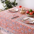 thumbnail image 3 of Hand Block Printed Tablecloth, Colorful Floral Print, Indian Artisan Handmade Art, Dining Room, Kitchen, Outdoor Party Decor, 100% Cotton, (Dark Salmon Pink, 16 Seater 72 x 190 Inches Rectangle), 3 of 8