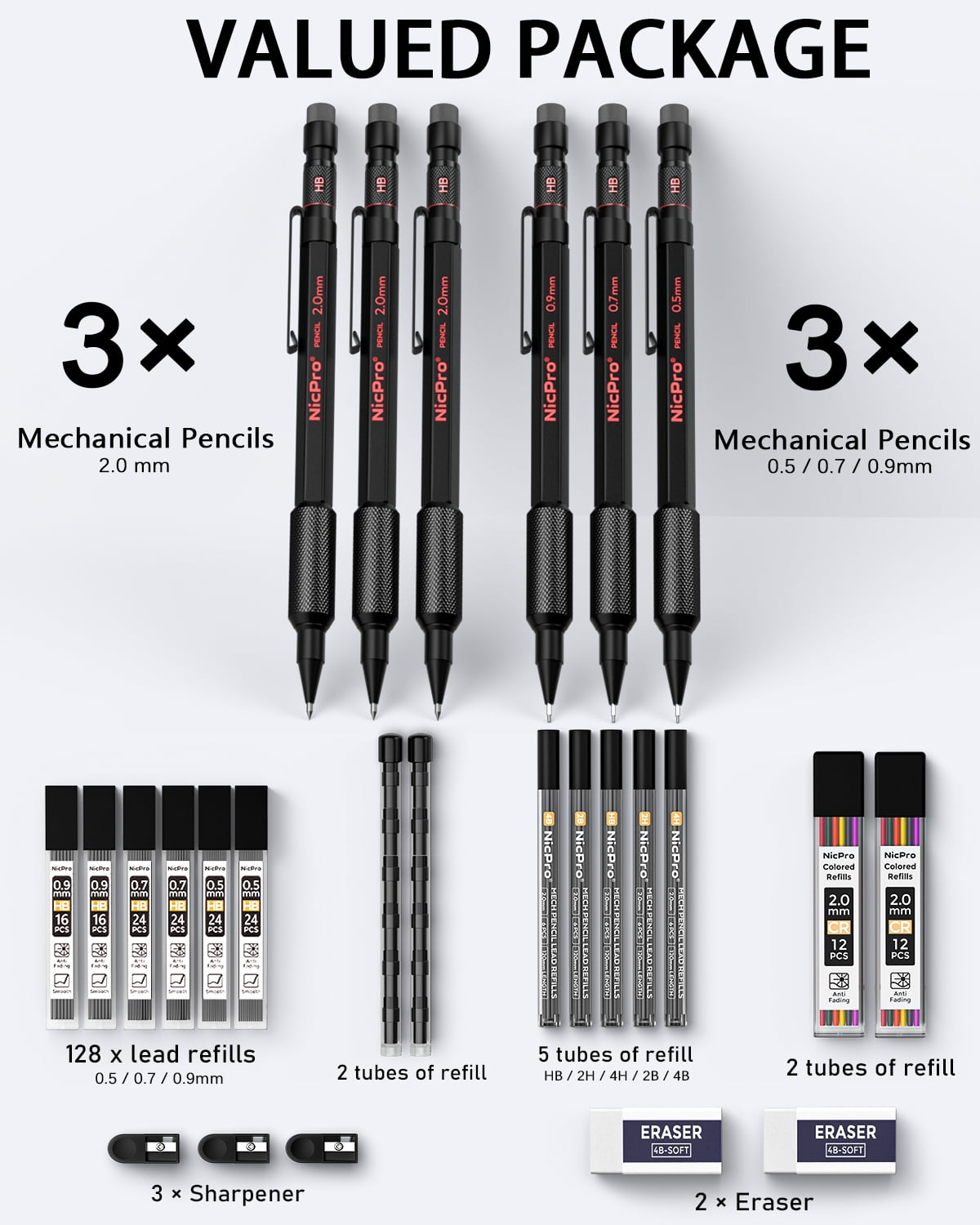 Nicpro 27Pcs Art Mechanical Pencil Set in Case, Metal Drafting Pencil 0.5, 0.7, 0.9 mm & 2mm with 13 Tube Lead Refills(4B 2B HB 2H 4H Colors) Weatherproof Barrel for Outdoor Writing Drawing Sketching
