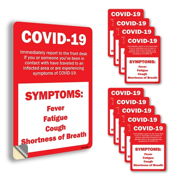COVID-19 Symptoms Report To Front Desk Public Safety Vinyl Decal Label 24 Inch x 18 Inch - 10 Pack