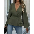 thumbnail image 3 of Women'S Elegant Solid Color Double Breasted Ruffle V-Neck Long Sleeved Shirt  Green XL, 3 of 8