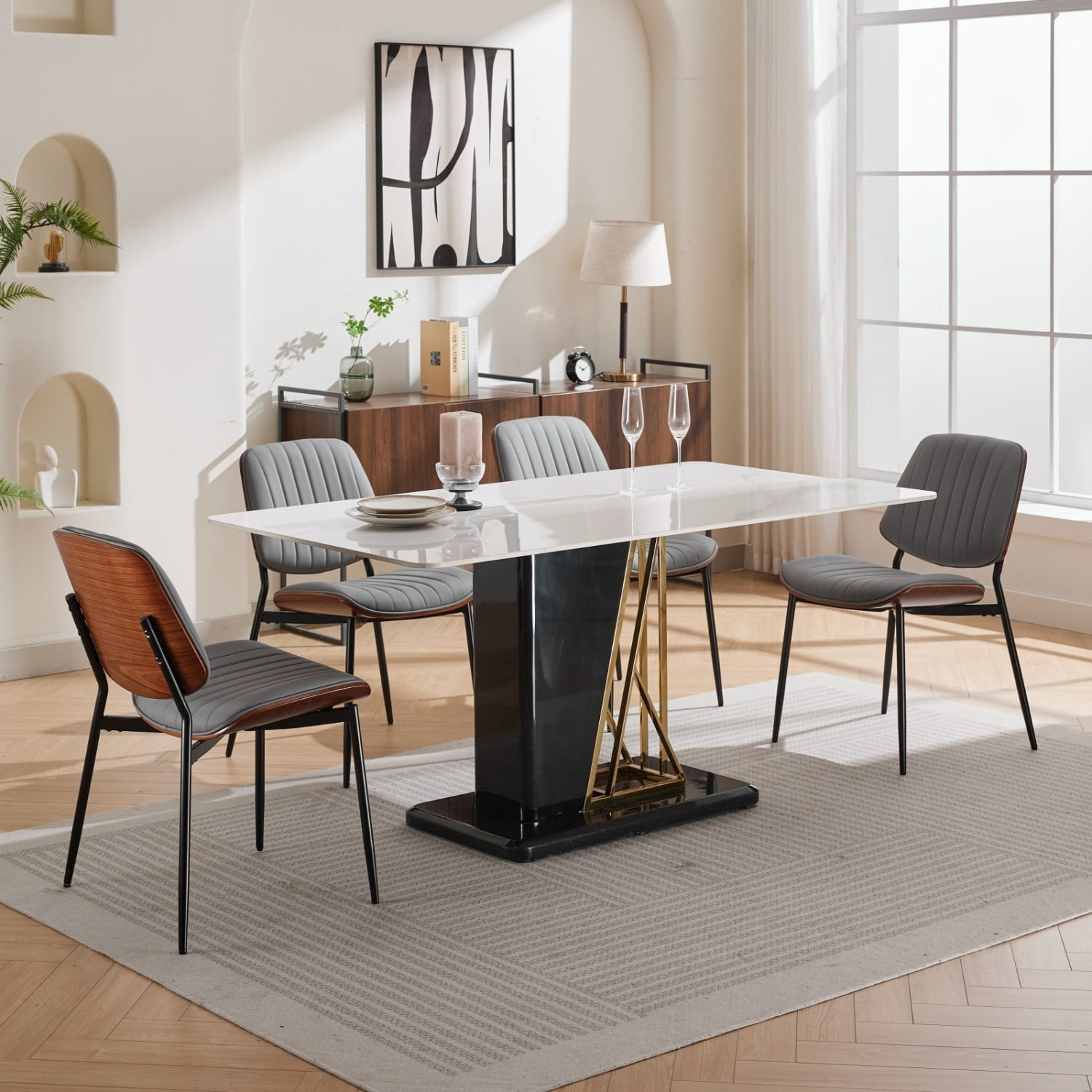 Dining Chairs Set of 2 Mid Century Modern Retro Faux Leather Chairs with Walnut Bentwood Back Upholstered Seat Metal Legs Adjustable Foot Pads Kitchen Dining Room Chairs, Gray