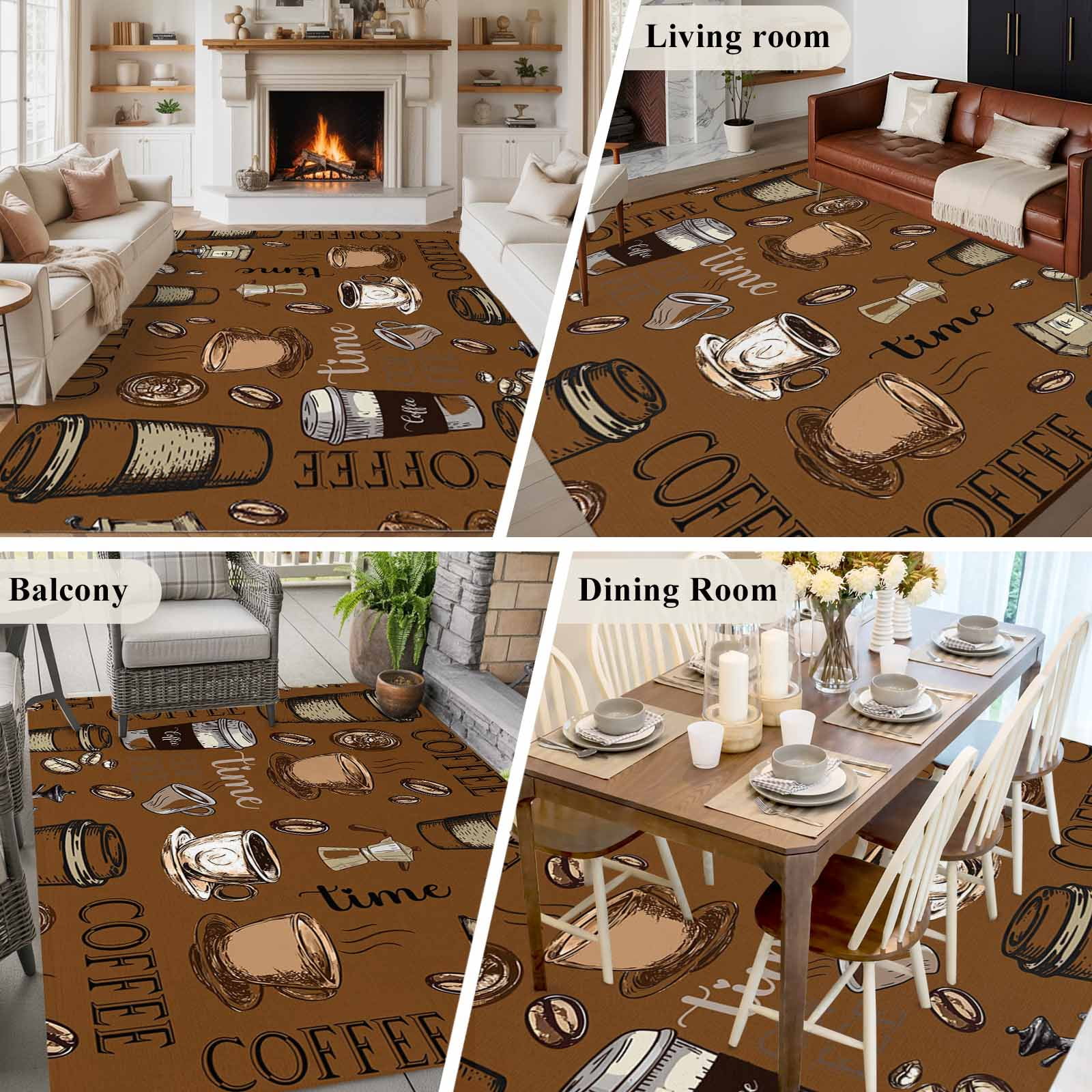 5'x8' Area Rugs, Coffee Theme Indoor Outdoor Area Rug for Living Room Bedroom, Funny Brown Vintage Beans Latte Tea Cup Washable Bathroom Rugs Kitchen Floor Carpet Mats Home Decor Aesthetic
