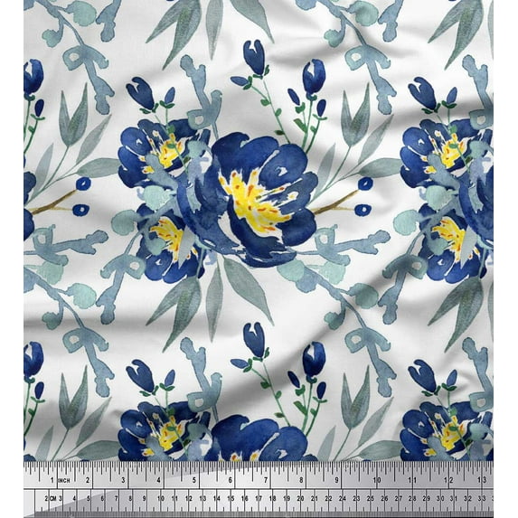 Soimoi White Heavy Satin Fabric Leaves & Peony Floral Decor Fabric Printed Yard 56 Inch Wide