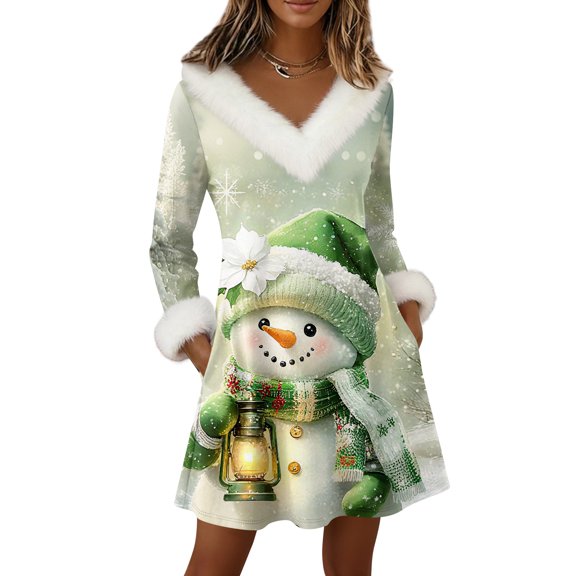 Yucgh Women's Long Sleeve Pullover Knit Dress with Pockets, V-Neck Knee Length Casual Winter Dress, Christmas Holiday Tunic Dress，S