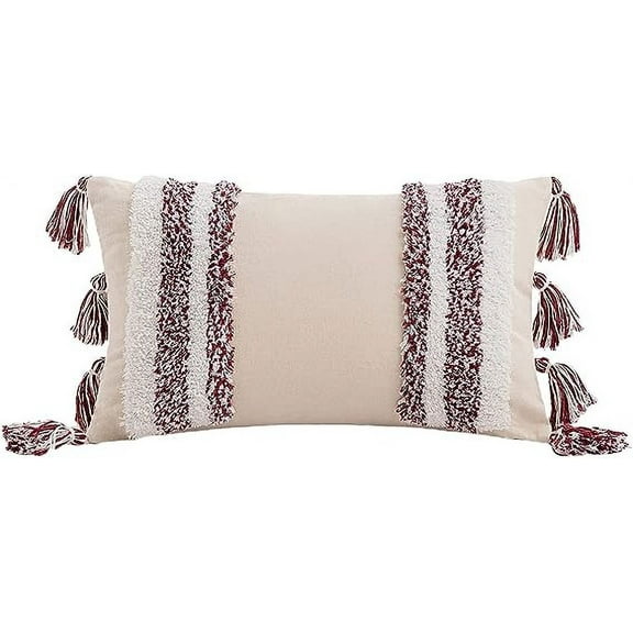 Nvzi Geometric Embroidery Tufted Lumbar Throw Pillow Covers 12x20 Inch Boho Cotton Canvas Woven Tufted Tassel Cushion Covers Home Decor (Wine Red,12"x20")