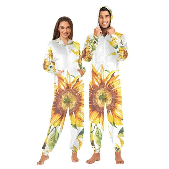 Sunflowers with Bamboo Adult Onesie Pajamas Slim Fit Christmas One Piece Suit Pjs for Women and Men Hooded Zipper