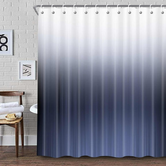 Ombre Navy Blue Fabric Shower Curtain Sets with Shower Curtain Hooks, Waterproof Washable Cloth Navy Blue and White Farmhouse Modern Shower Curtains for Bathroom