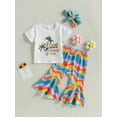 thumbnail image 2 of Wassery Kids Girls Summer Outfits Letter Print Short Sleeve Tops Crew Neck T-shirt with Plaid/ Rainbow Flare Long Pants Headbands  3Pcs Toddler Clothes Set 6M-5T, 2 of 8